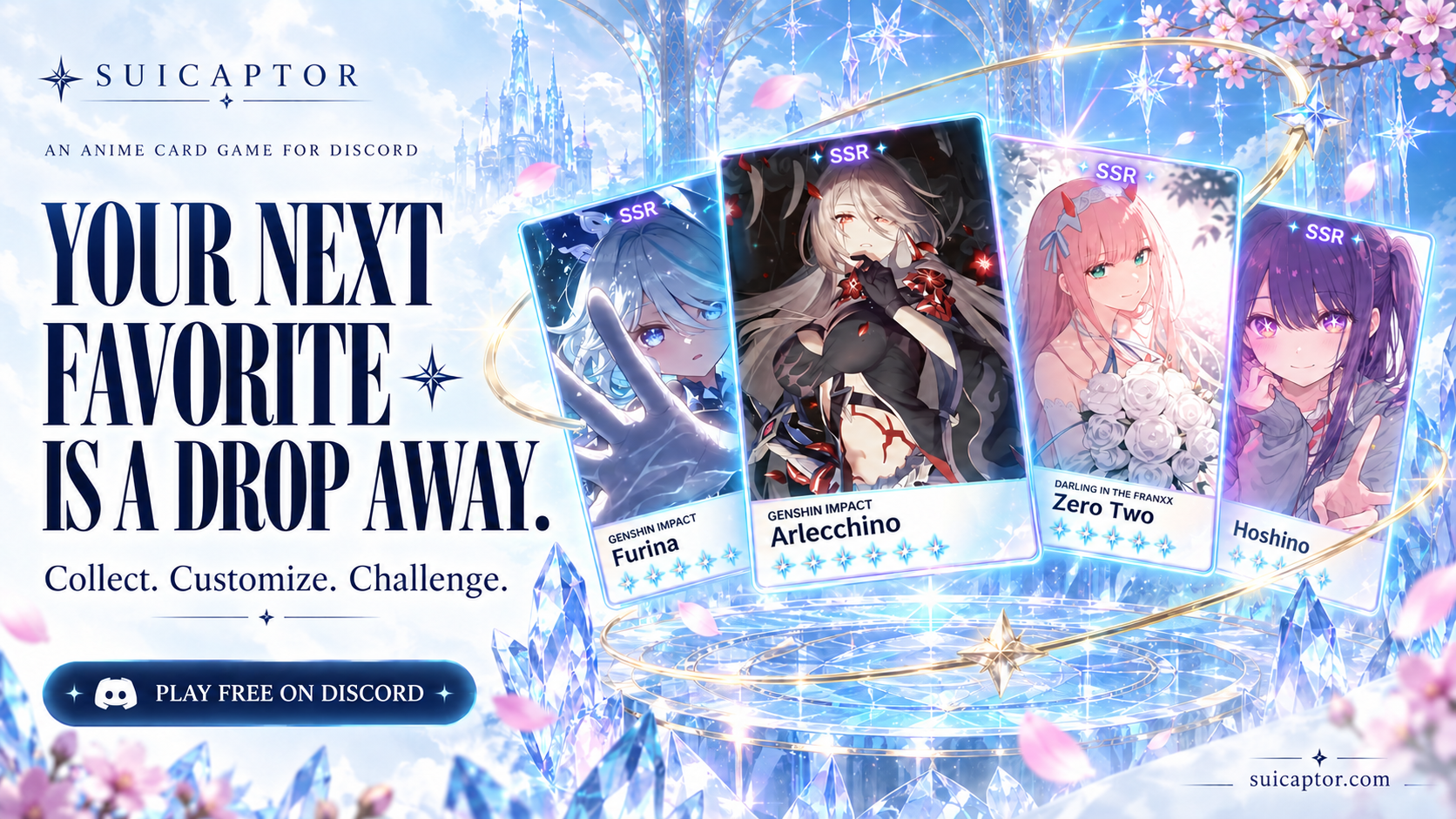 Suicaptor's crystalline blue anime-card campaign artwork: Your next favorite is a drop away. Collect. Customize. Challenge.