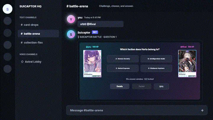 Illustrated standard quiz battle between Suicaptor cards