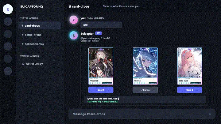 Illustrated drop demonstration using selected SSR Acheron, Furina, and Zero Two cards