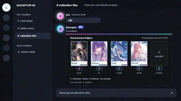 Illustrated Suicaptor job board using Acheron, Ai Hoshino, Furina, and Zero Two