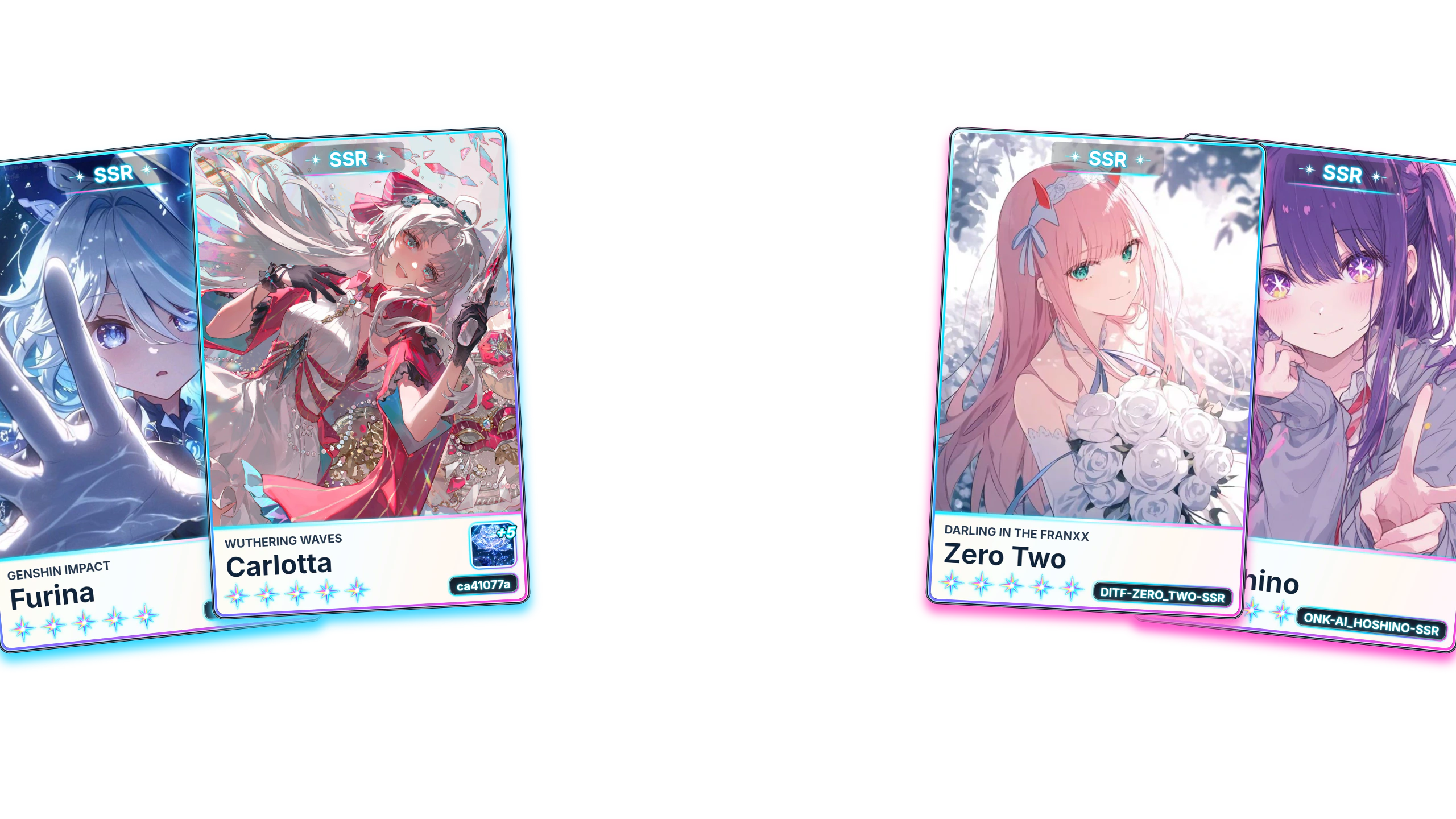 Suicaptor SSR cards featuring Furina, Carlotta, Zero Two, and Ai Hoshino